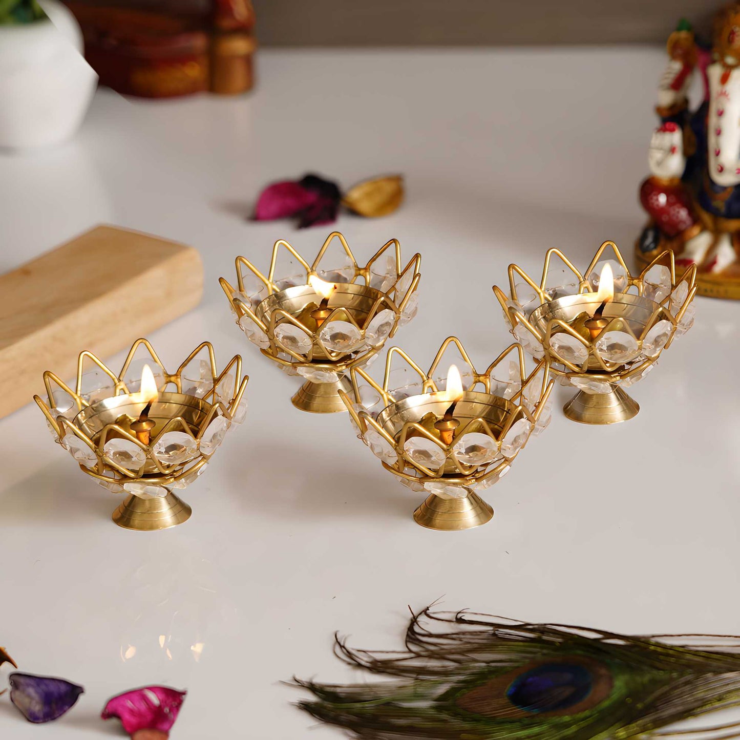 E-Craft Set of 4 Lotus Shape Crystal Tea Light Holder