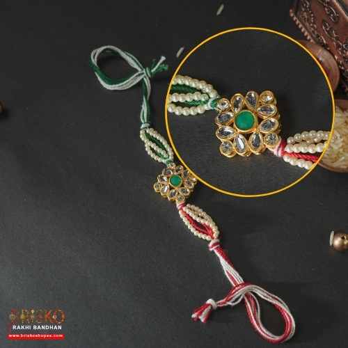 Elegant Pearl Flower Rakhi with Tricolor Thread – Graceful Handmade Rakhi for Brother