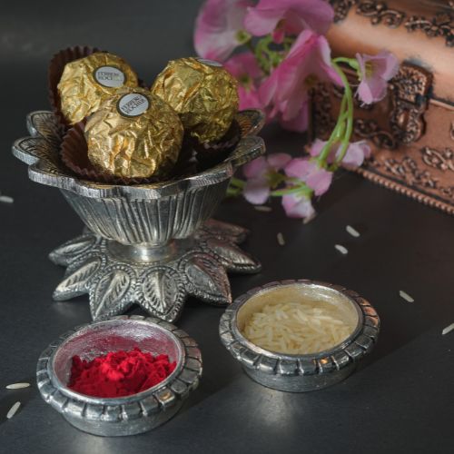 Handmade Rakhi Gift Box – Silver Oxidised Rakhi with Puja Thali Set & Velvet Floral Box