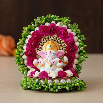 E-Craft Lord Ganesha Idol on Decorative Handcrafted Green Floral Plate for Home and Car
