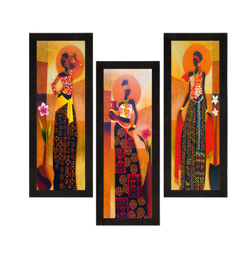 E-Craft Set Of 3 Tribal Village Ladies Satin Matt Texture UV Art Painting