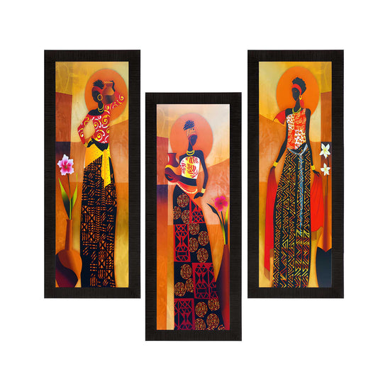 E-Craft Set Of 3 Tribal Village Ladies Satin Matt Texture UV Art Painting