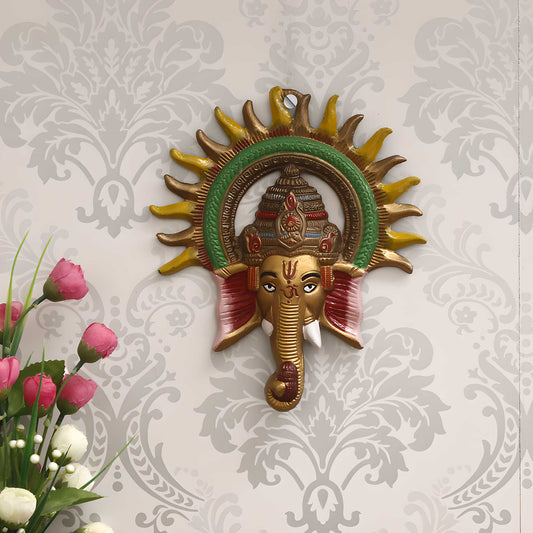 E-Craft Colorful Lord Ganesha with Sun Decorative Metal Wall Hanging