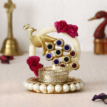 E-Craft Metal Peacock With Stones Handcrafted Tea Light Holder