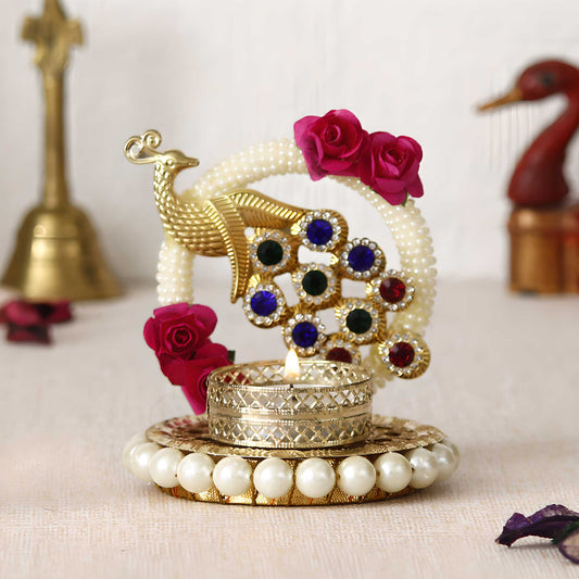 E-Craft Metal Peacock With Stones Handcrafted Tea Light Holder