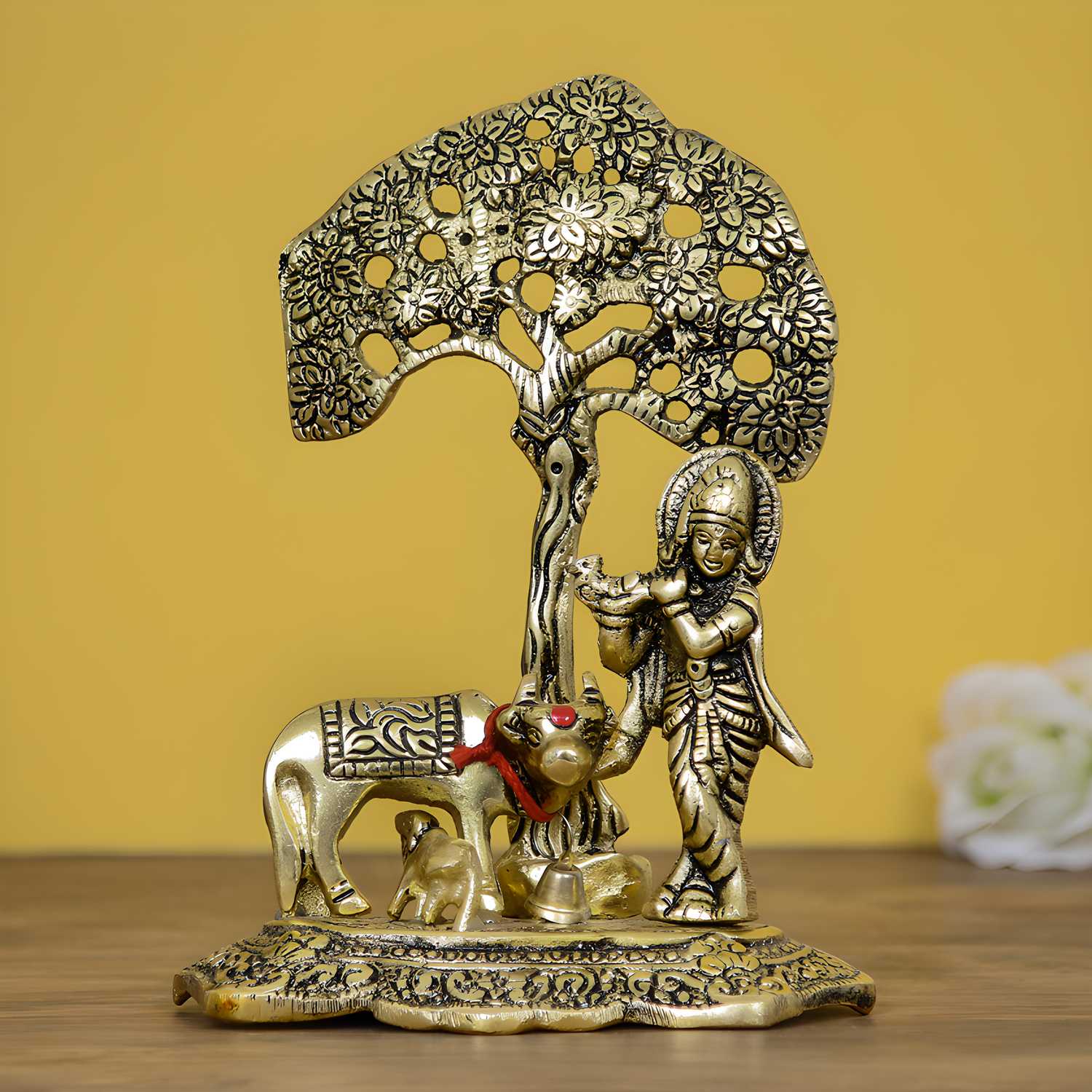 E-Craft Lord Krishna playing Flute under Tree with Golden Cow and Calf Showpiece