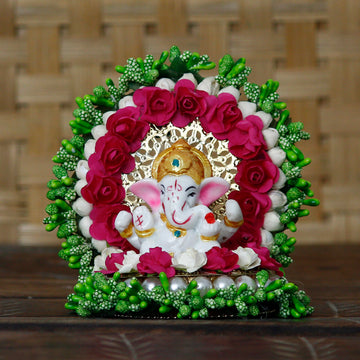 E-Craft Lord Ganesha Idol on Decorative Handcrafted Green Floral Plate for Home and Car