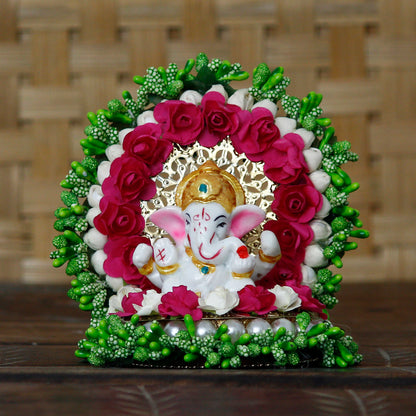 E-Craft Lord Ganesha Idol on Decorative Handcrafted Green Floral Plate for Home and Car