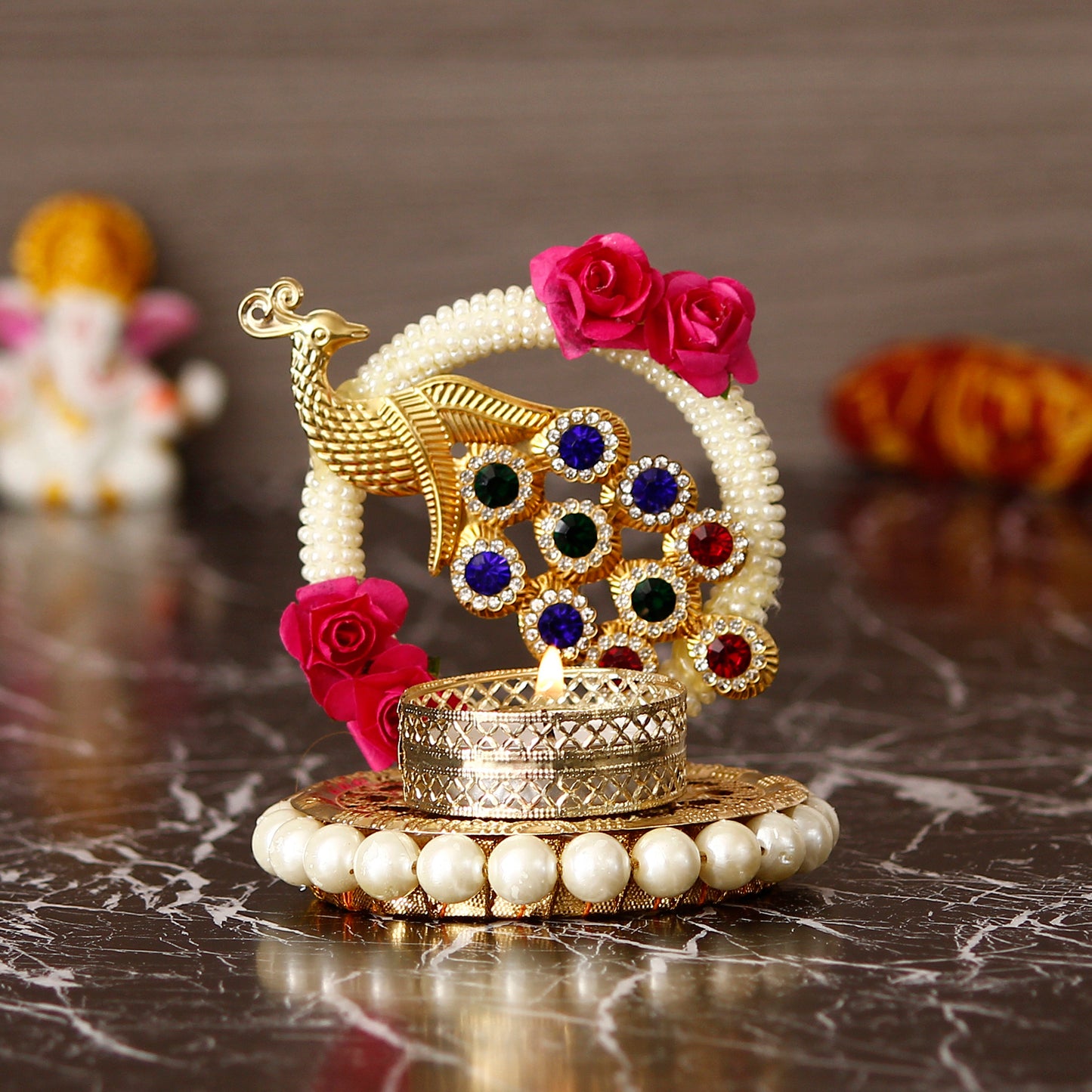 E-Craft Metal Peacock With Stones Handcrafted Tea Light Holder