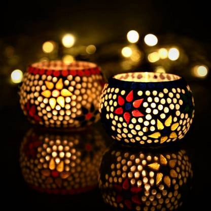 E-Craft Set of 2 Mosaic Glass Tea Light Holder