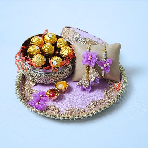 Handmade Exclusive Thali Hamper with Hand stiched Rakhi – Complete Festive Set with Lumba Pair & Ferrero Rocher chocolates