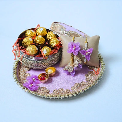 Handmade Exclusive Thali Hamper with Hand stiched Rakhi – Complete Festive Set with Lumba Pair & Ferrero Rocher chocolates