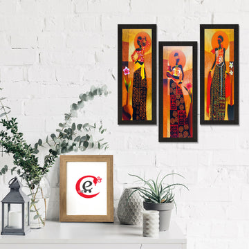 E-Craft Set Of 3 Tribal Village Ladies Satin Matt Texture UV Art Painting