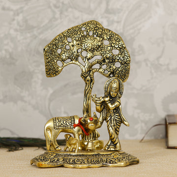 E-Craft Lord Krishna playing Flute under Tree with Golden Cow and Calf Showpiece