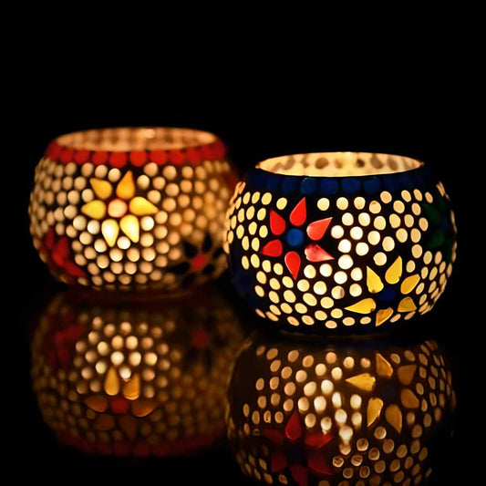 E-Craft Set of 2 Mosaic Glass Tea Light Holder