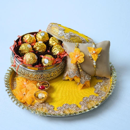 Handmade Exclusive Thali Hamper with Hand stiched Rakhi – Complete Festive Set with Lumba Pair & Ferrero Rocher chocolates