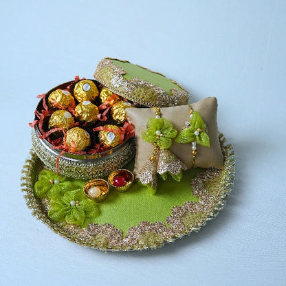 Handmade Exclusive Thali Hamper with Hand stiched Rakhi – Complete Festive Set with Lumba Pair & Ferrero Rocher chocolates