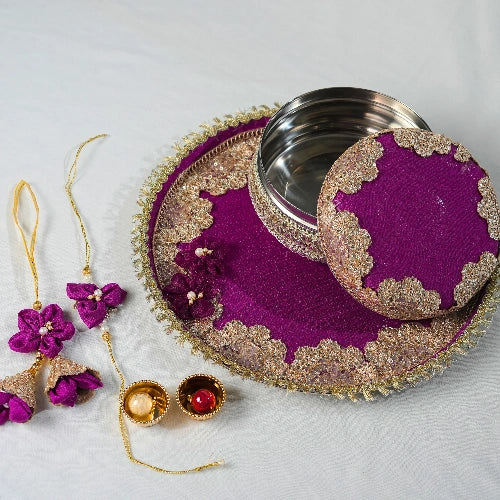 Handmade Exclusive Thali Hamper with Hand stiched Rakhi – Complete Festive Set with Lumba Pair & Ferrero Rocher chocolates