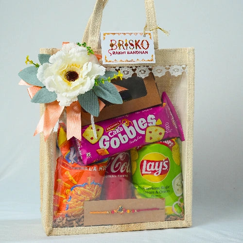 Jute Bag Rakhi Hamper – Sweet & Savory Celebration Pack with Designer Rakhi