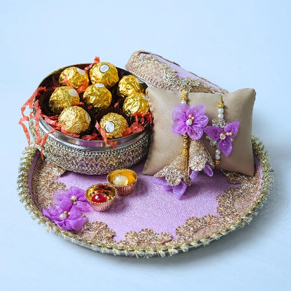 Handmade Exclusive Thali Hamper with Hand stiched Rakhi – Complete Festive Set with Lumba Pair & Ferrero Rocher chocolates