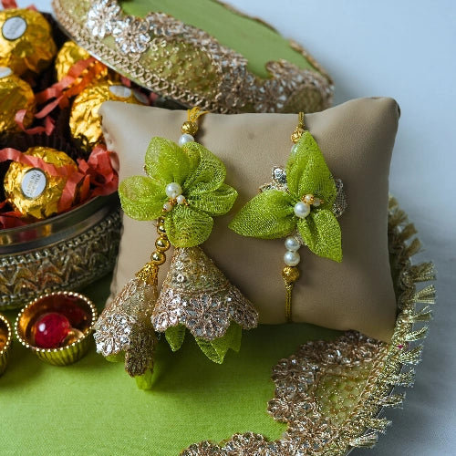Handmade Exclusive Thali Hamper with Hand stiched Rakhi – Complete Festive Set with Lumba Pair & Ferrero Rocher chocolates
