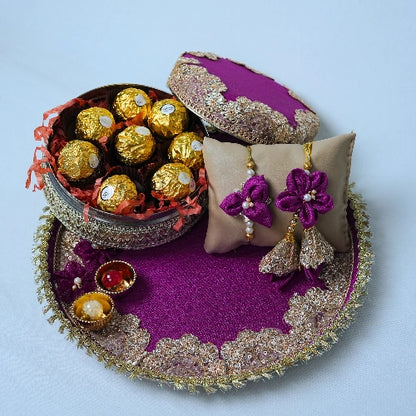 Handmade Exclusive Thali Hamper with Hand stiched Rakhi – Complete Festive Set with Lumba Pair & Ferrero Rocher chocolates