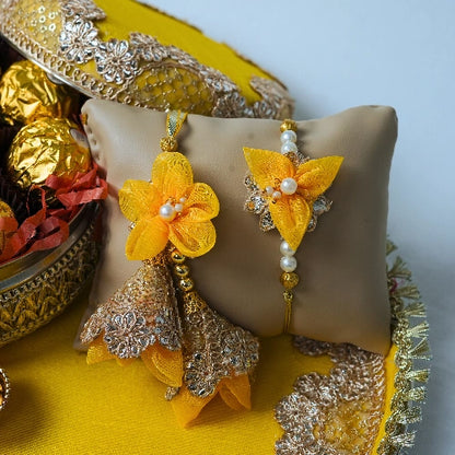 Handmade Exclusive Thali Hamper with Hand stiched Rakhi – Complete Festive Set with Lumba Pair & Ferrero Rocher chocolates