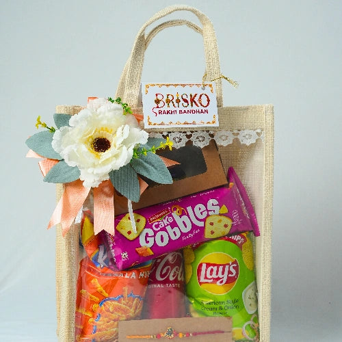 Jute Bag Rakhi Hamper – Sweet & Savory Celebration Pack with Designer Rakhi