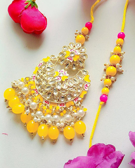 Handmade Bhaiya Bhabhi Rakhi Pair – Yellow & Pink Kundan Floral Design with Pearl Tassels