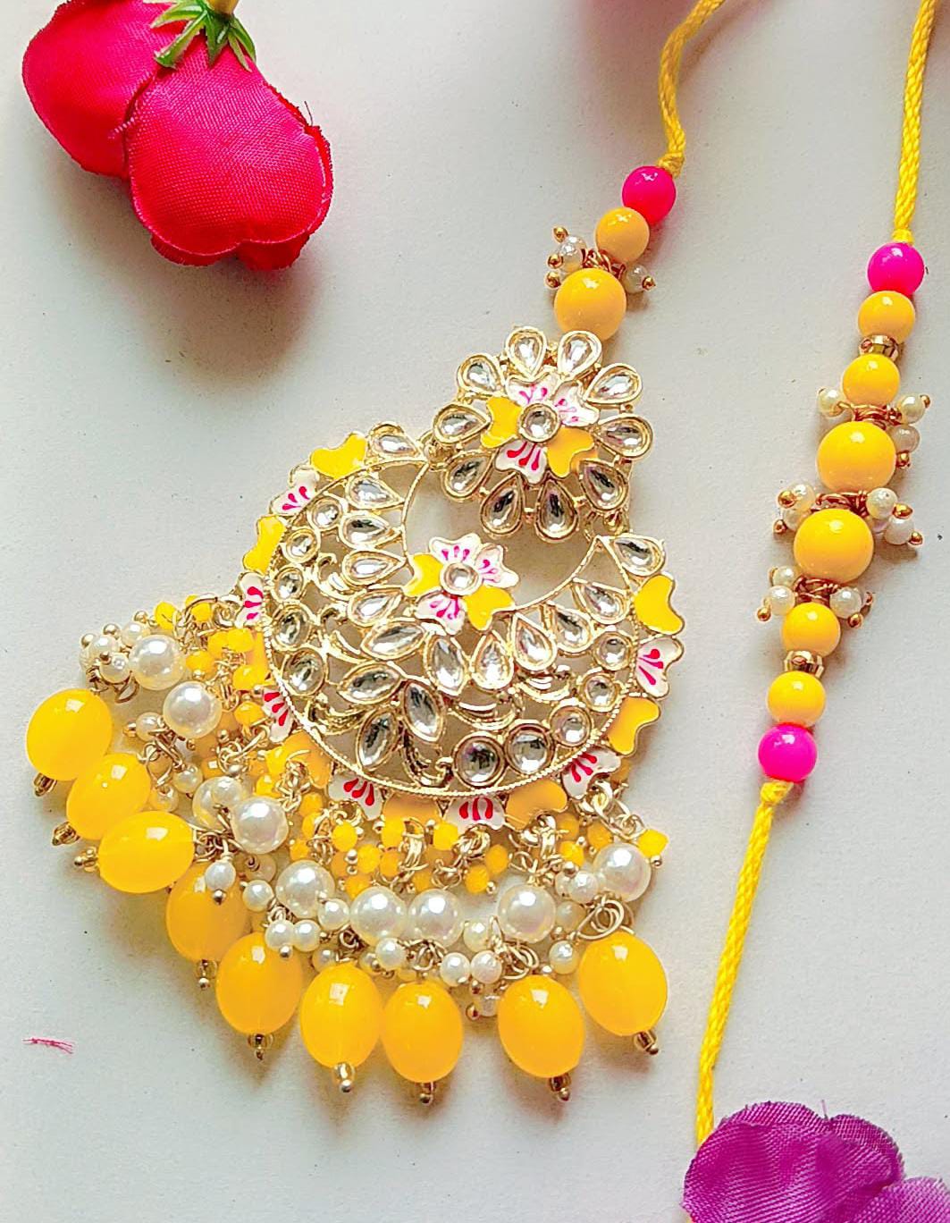 Handmade Bhaiya Bhabhi Rakhi Pair – Yellow & Pink Kundan Floral Design with Pearl Tassels