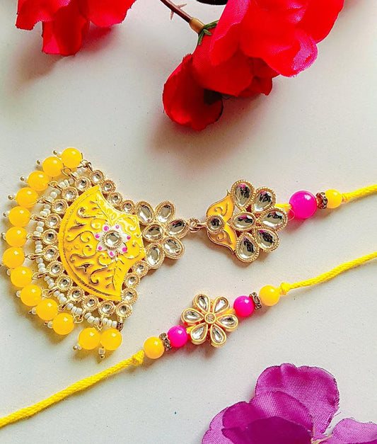 Handmade Bhaiya Bhabhi Rakhi Pair – Yellow Enamel Kundan Floral Design with Beads & Half-Moon Motif