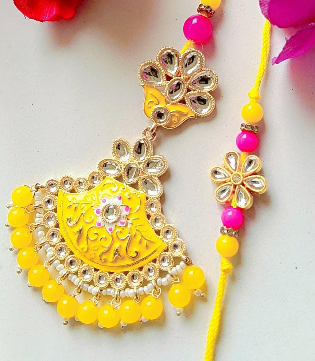 Handmade Bhaiya Bhabhi Rakhi Pair – Yellow Enamel Kundan Floral Design with Beads & Half-Moon Motif