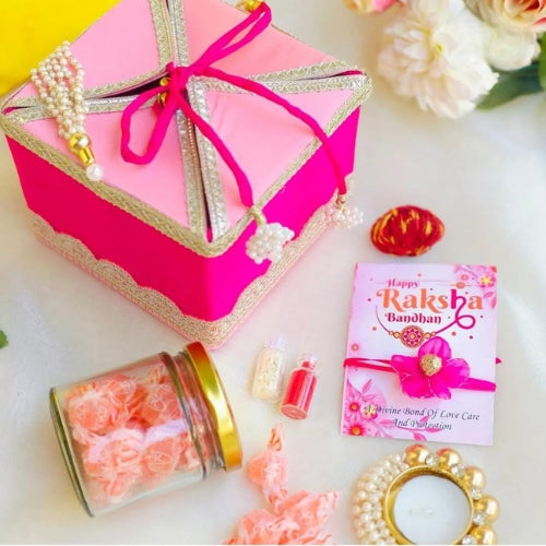 Handmade Bhaiya Bhabhi Rakhi Gift Box – Elegant Pink Festive Combo with Greeting Card & Décor (35g)