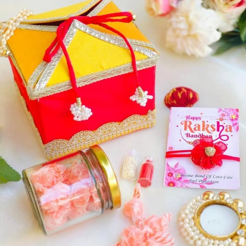 Handmade Bhaiya Bhabhi Rakhi Gift Box – Red & Yellow Festive Edition with Greeting Card & Décor