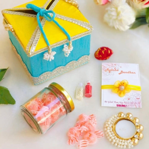 Handmade Bhaiya Bhabhi Rakhi Gift Box – Yellow & Blue Elegant Festive Combo with Greeting Card