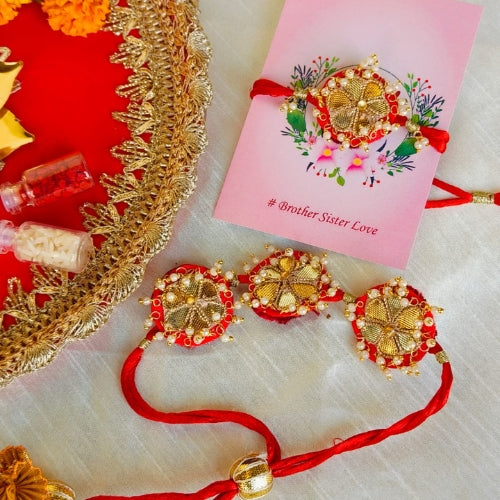 Handmade Designer Rakhi Set – 1 Bhaiya Rakhi & 3 Lumba Rakhis Combo with Traditional Detailing
