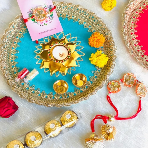 Handmade Rakhi Pooja Thali Gift Set – Designer Bhaiya Bhabhi Rakhi with Decorated Aarti Thali, Diya & Sweets