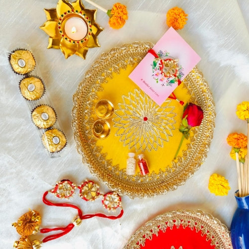 Handmade Yellow Rakhi Pooja Thali Set – Bhaiya Bhabhi Rakhi Combo with Aarti Thali, Diya & Festive Décor