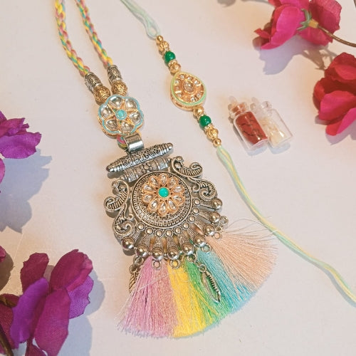 Handmade Bhaiya Bhabhi Rakhi Set – Multicolor Thread with Ethnic Pendant & Pastel Tassels