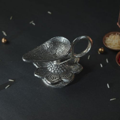 Handmade Rakhi Gift Box – Silver Oxidised Rakhi with Puja Thali Set & Velvet Floral Box