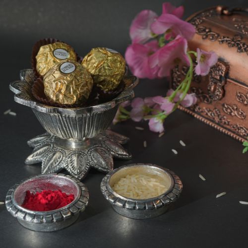 Handmade Rakhi Gift Box – Silver Oxidised Rakhi with Puja Thali Set & Velvet Floral Box