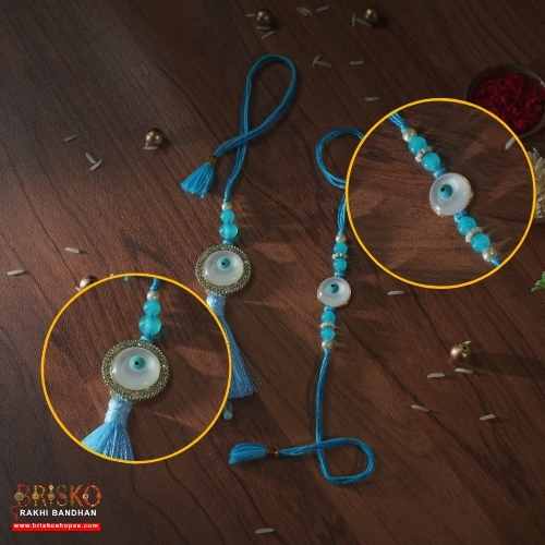 Evil Eye Blue Beaded Lumba Pair Rakhi – Protection & Positivity for Bhaiya Bhabhi