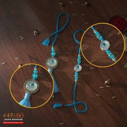 Evil Eye Blue Beaded Lumba Pair Rakhi – Protection & Positivity for Bhaiya Bhabhi