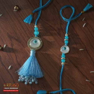 Evil Eye Blue Beaded Lumba Pair Rakhi – Protection & Positivity for Bhaiya Bhabhi