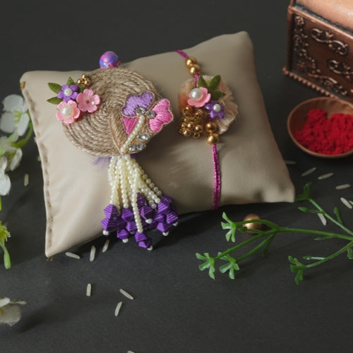 Handmade Bhaiya Bhabhi Rakhi Pair – Rustic Jute Floral Design with Pearls & Purple Tassels
