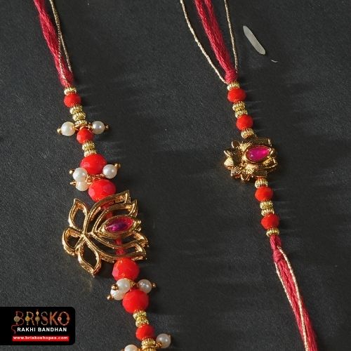 Elegant Lotus & Stone Lumba Rakhi Pair – Symbol of Beauty and Strength
