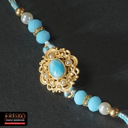 Royal Blue Stone Rakhi – Elegant Handmade Rakhi for Brother