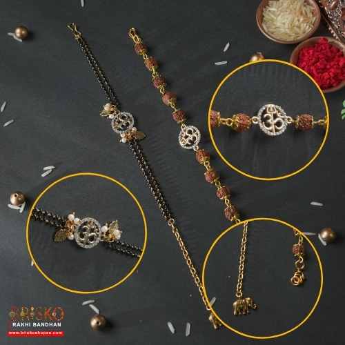 Rudraksha & Om Lumba Pair Rakhi – Spiritual Bhaiya Bhabhi Rakhi Set