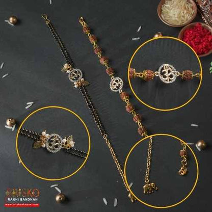 Rudraksha & Om Lumba Pair Rakhi – Spiritual Bhaiya Bhabhi Rakhi Set