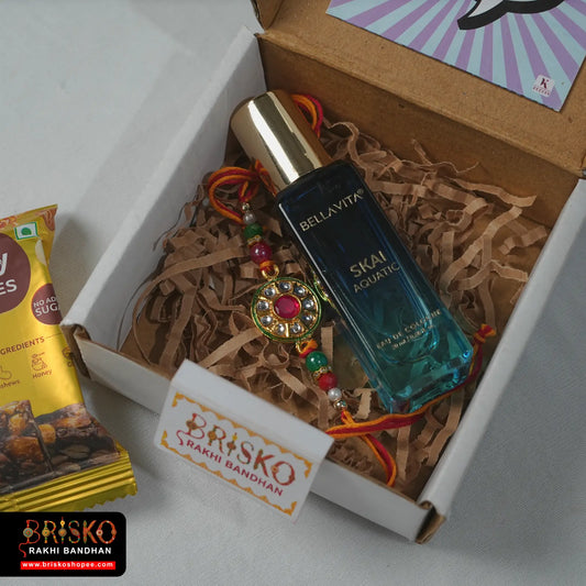 Box Rakhi Hamper – Bellavita Perfume & Healthy Treat with Rakhi for Brother